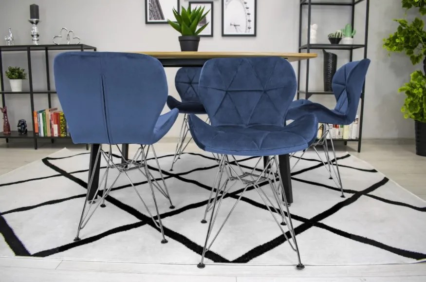 Zamatová jedálenská stolička Paris modrá so striebornými nohami