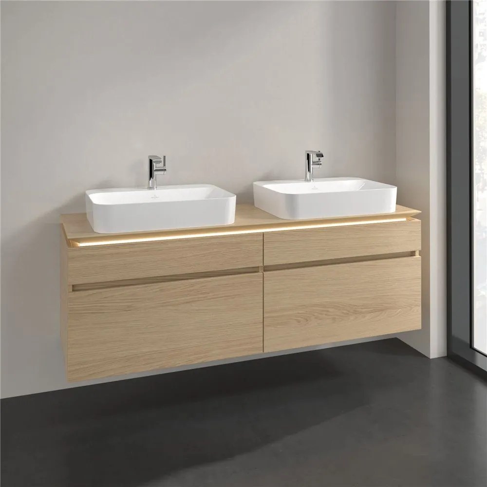 VILLEROY &amp; BOCH Legato závesná skrinka pod dve umývadlá na dosku, 4 zásuvky, s LED osvetlením, 1600 x 500 x 550 mm, Nordic Oak, B768L0VJ