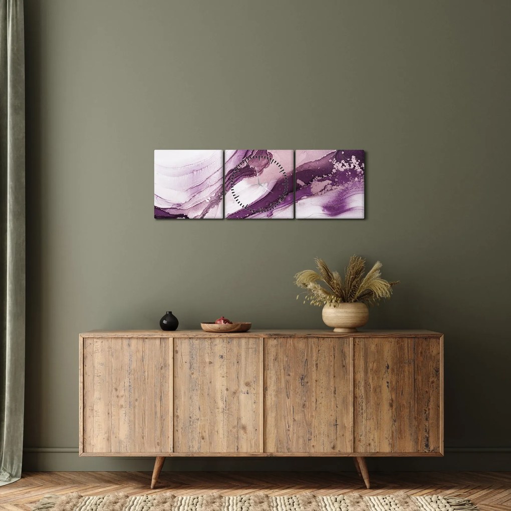 Obraz - Purple fluid art (s hodinami) (90x30 cm)