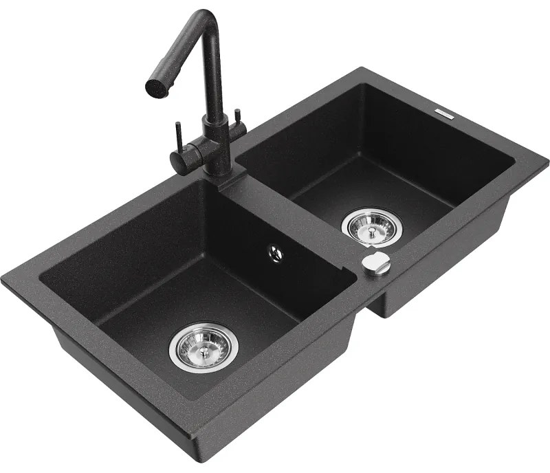 Mexen Mario, 2-komorový granitový drez 820x436x161 mm a čierna škvrnitá drezová batéria Duero, čierna škvrnitá, 6504-76-671600-76