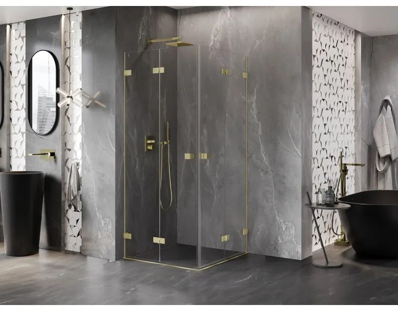 Mexen Lunar-F Duo, skladací sprchový kút 90 x 90 cm, 8mm číre sklo, zlatý matný profil, 836-090L-090P-55-00