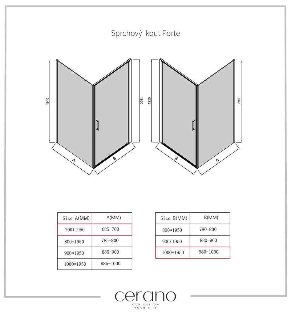 Cerano Porte, 1-krídlový sprchovací kút 100x70 cm, 8mm číre sklo, chrómový profil, CER-CER-413519