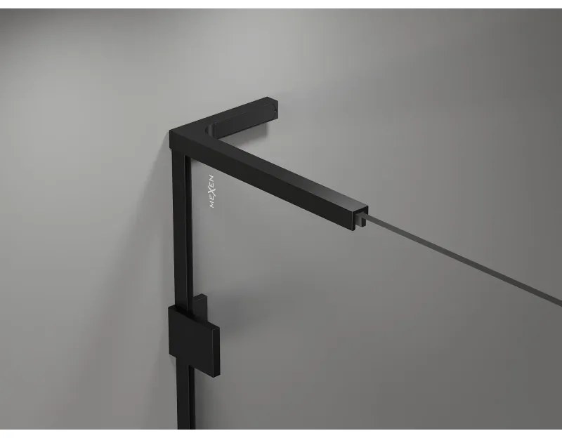 Mexen Lunar, L päťuholníkový sprchový kút naklápací doľava 90 x 80 cm, 8mm číre sklo, čierny profil, 831L-090L-080P-70-00-L