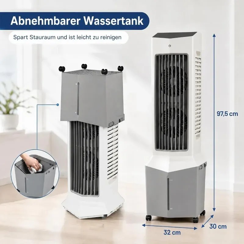 Vežový ventilátor 3 v 1 s ventilátorom, zvlhčovačom vzduchu a odparovacím chladičom s 2 chladiacimi vložkami