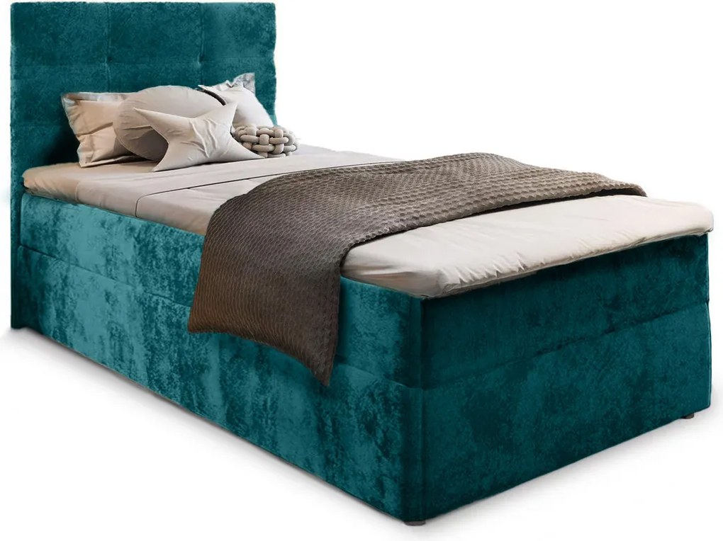 Čalúnená posteľ boxspring GLORIEN VELVET 100x200 cm tyrkysová Matrac: Bonell pružinová matrac