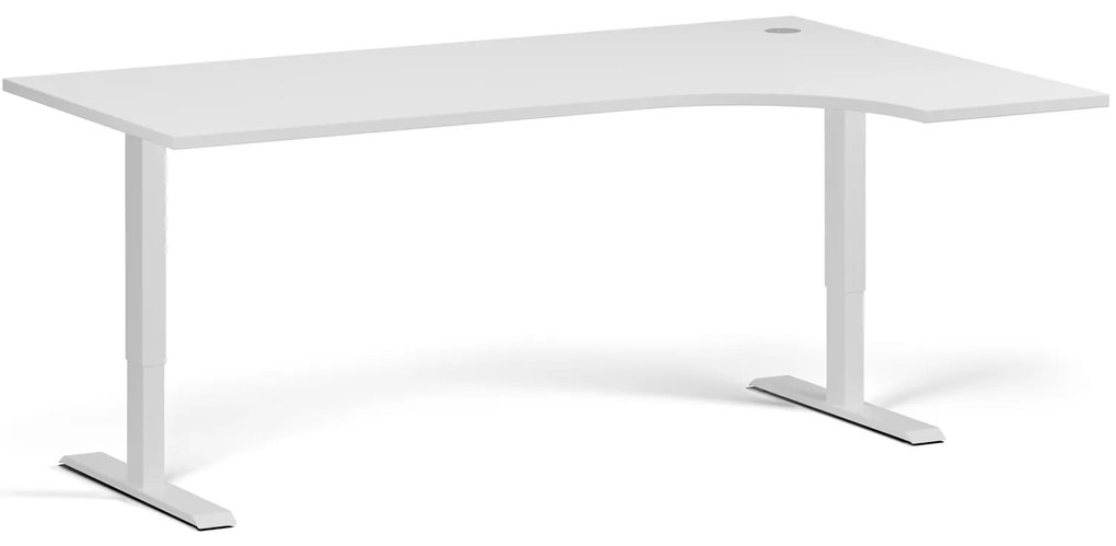 Rohový výškovo nastaviteľný stôl, 180x120 cm, 2 motory, L/P, biela podnož, biela