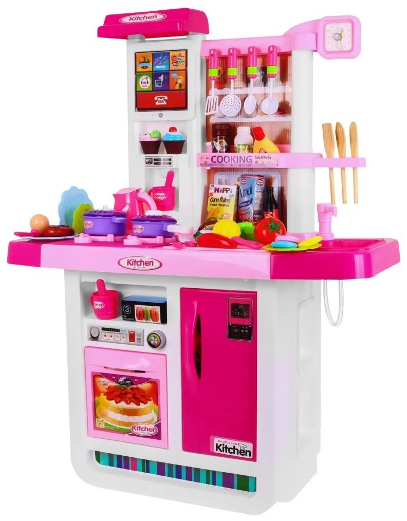 Ružová detská kuchynka 3+ interaktívne horáky + vodovodný kohútik + audio panel + príslušenstvo