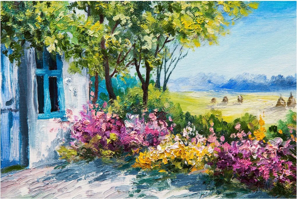 Obraz záhradky pred domom, olejomaľba (90x60 cm)
