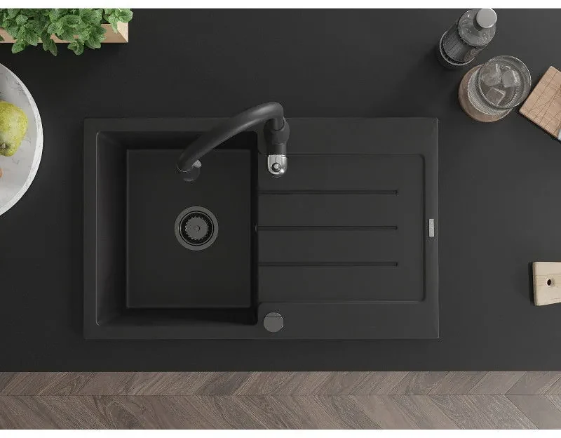 Mexen Bruno, 1-komorový granitový drez 795x495x200 mm a drezová batéria Savita, čierna, 6513-77-672601-70-B