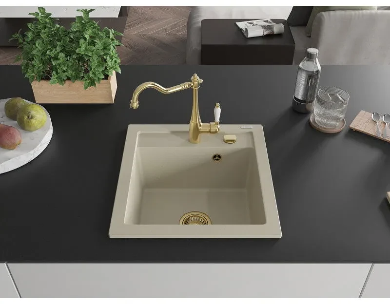 Mexen Vito, granitový drez 490x520x210 mm, 1-komorový a drezová batéria Carla, béžová, 6503-69-670700-50