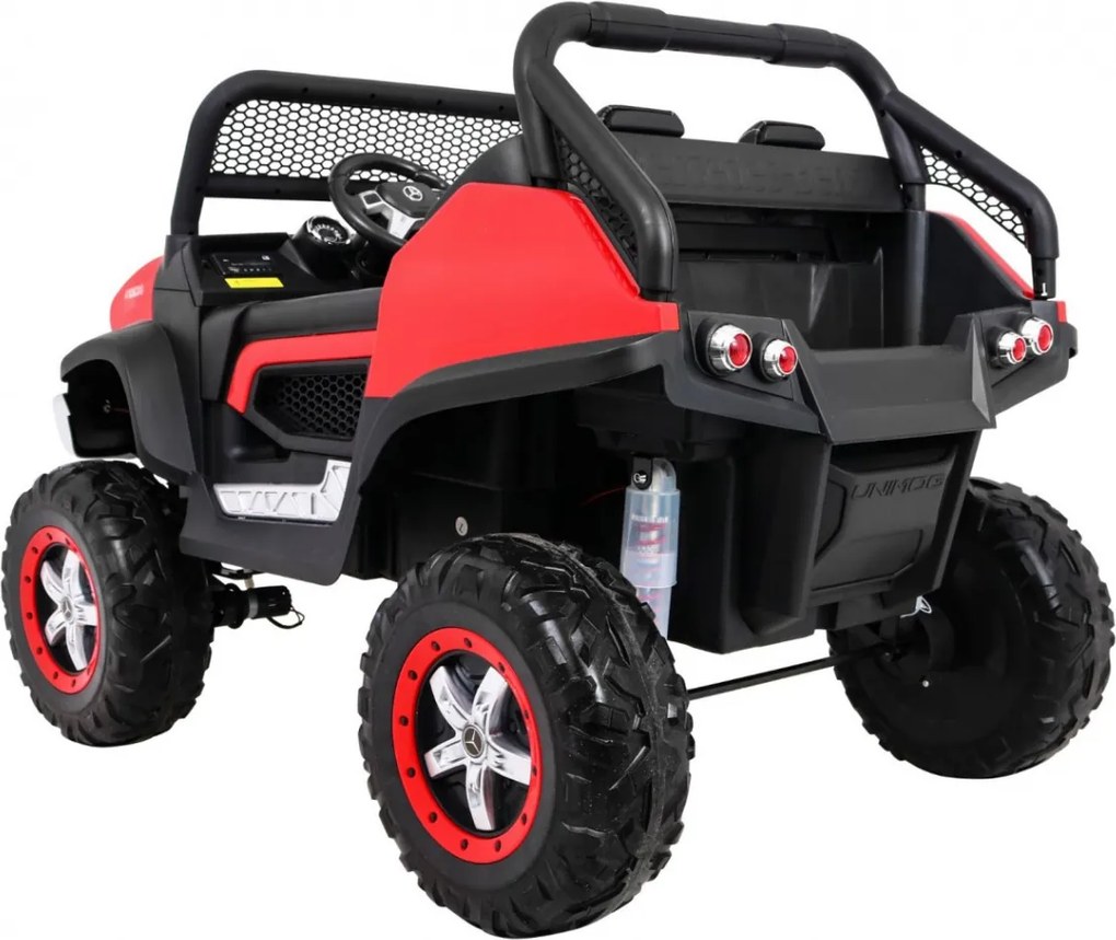 Ramiz Mercedes Benz Unimog elektrické autíčko pre deti červené + pohon 4x4 + diaľkové ovládanie + nosič batožiny + pomalý štart + MP3 + LED