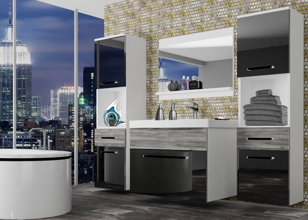 Kúpeľňový nábytok Belini čierny lesk / šedý antracit Glamour Wood + umývadlo + zrkadlo ROD PM 6/0/W/BGW1/0/ZW