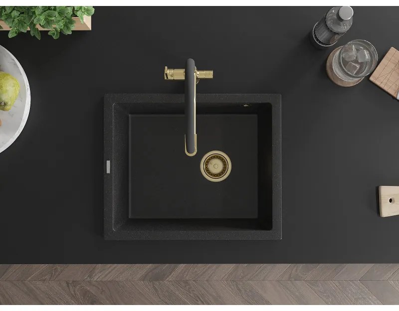 Mexen Pedro, granitový drez 560x460x200 mm, 1-komorový, čierna-strieborná metalíza so zlatým sifónom, 6508561000-73-G