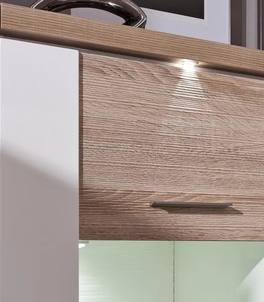 Široká vitrína Caracas typ 22, dub/biely lesk, s osvetlením