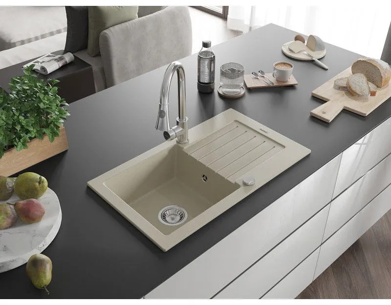 Mexen Pablo, 1-komorový granitový drez 752x436x161 mm a drezová batéria Elia, béžová, 6510-69-670101-00
