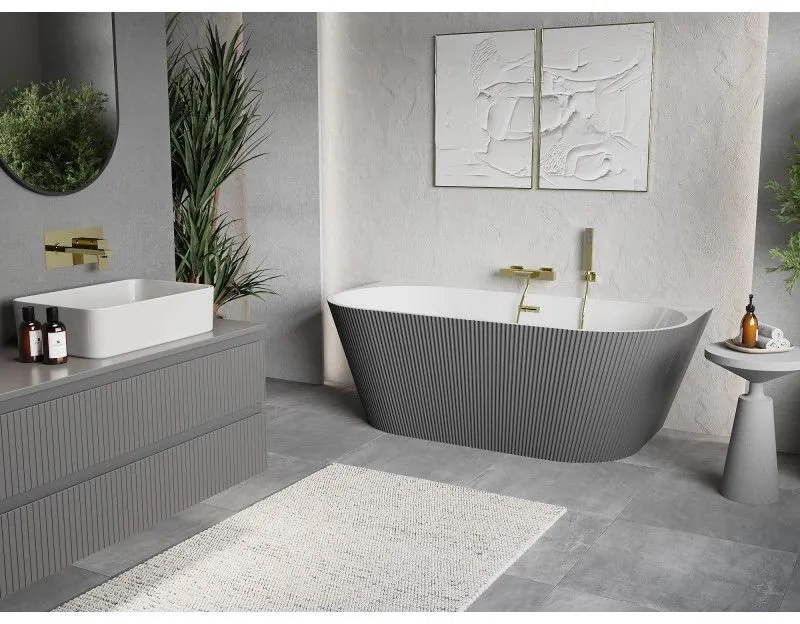 Mexen Oris, voľne stojaca ryhovaná vaňa 170 x 80 cm, biela-šedá, zlatý lesklý prepad, 52871708062-50