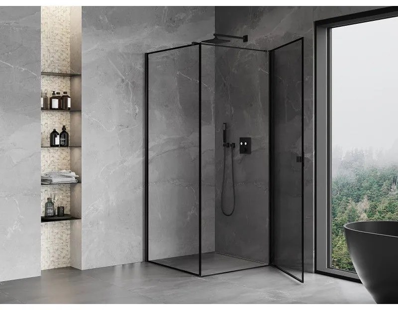 Mexen Mist-B, 1-krídlový výklopný sprchový kút, pravý, 90 x 90 cm, číre sklo-čierny rám, 8A2T-090-090-70-70-P