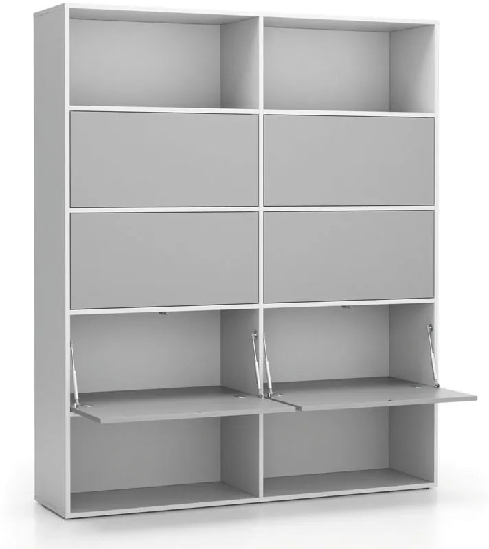 PLAN Široký kancelársky policový regál LAYERS, 6 boxov, 1582 x 400 x 1905, biela / sivá