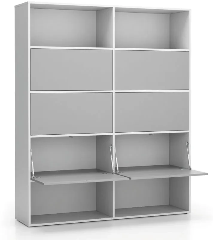 PLAN Široký kancelársky policový regál LAYERS, 6 boxov, 1582 x 400 x 1905, biela / sivá