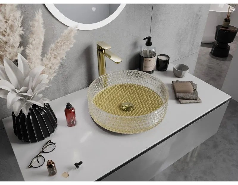 Mexen Aura, sklenené umývadlo na dosku 39 × 39 cm, číra / zlatá, 24013951