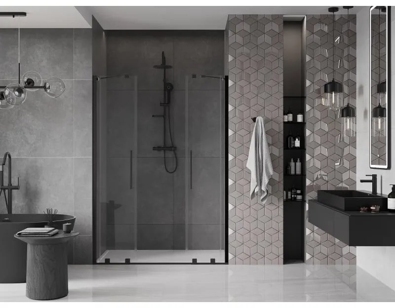 Mexen Velar Duo, posuvné dvere do otvoru 160x200 cm, 8mm číre sklo, čierna matná, 871-160-000-02-70