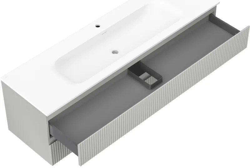 Mexen Rivel, kúpeľňová skrinka 160 cm s umývadlom Vela, 2 zásuvky, drážkovaná, sivá matná/biela, 91A20-16047-2-BFF62-W23M0