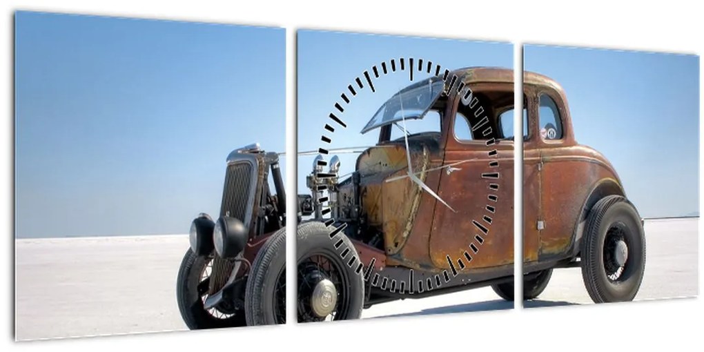 Obraz auta v púšti (s hodinami) (90x30 cm)