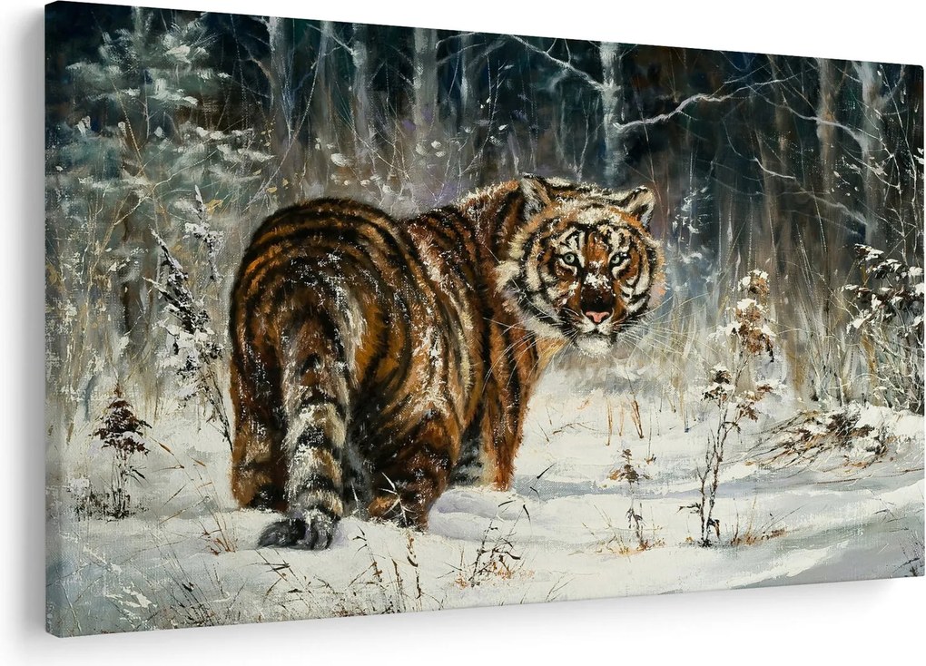 Obraz - Tiger v zasneženom lese, olejomaľba (90x60 cm)