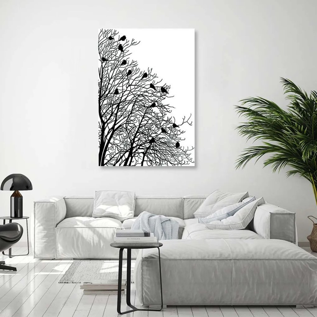 Obraz na plátně Ptáci na větvi Černá Bílá - 70x100 cm
