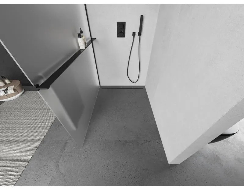 Mexen Kioto+ L, sprchová zástena Walk-In s poličkou a vešiakom 80 x 200 cm, 8mm sklo námraza, čierny profil, 800-080-123-70-30
