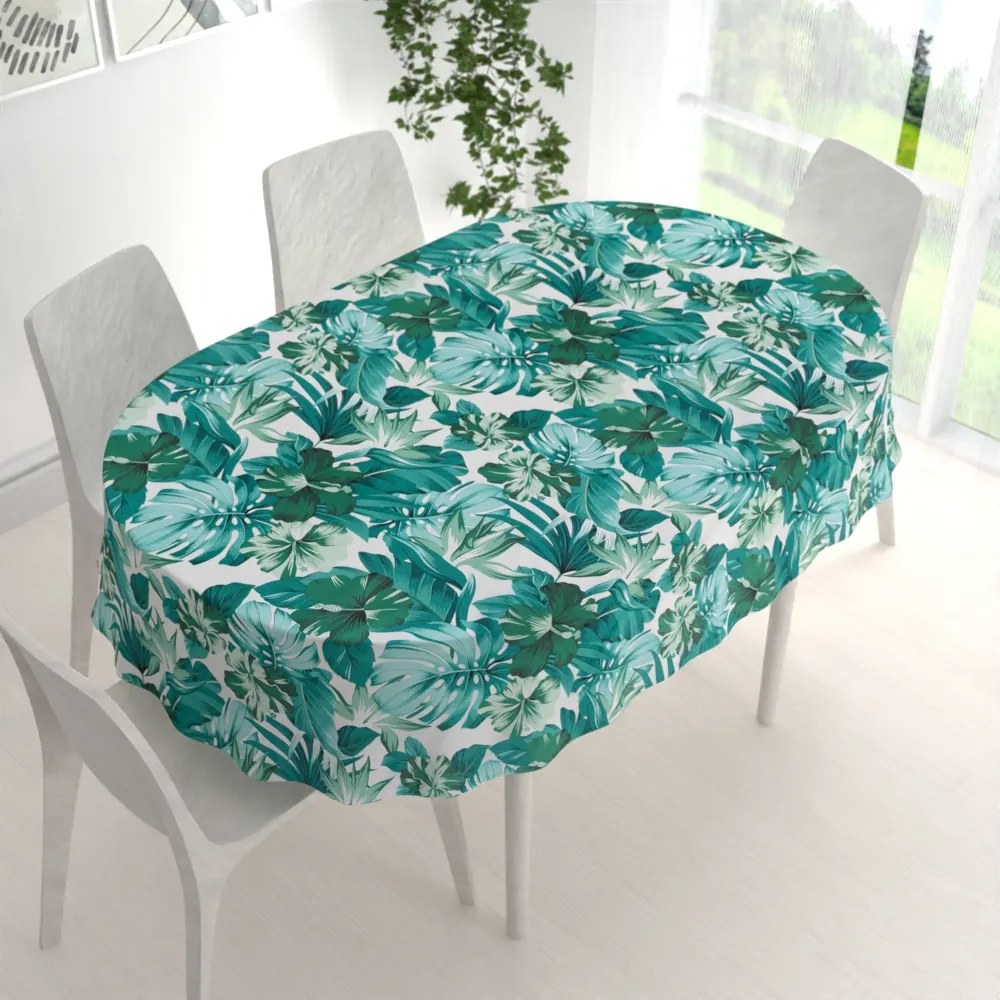 Biante Bavlnený oválny obrus Sandra SA-484 Modro-zelené kvety a listy monstery na bielom 50x100 cm