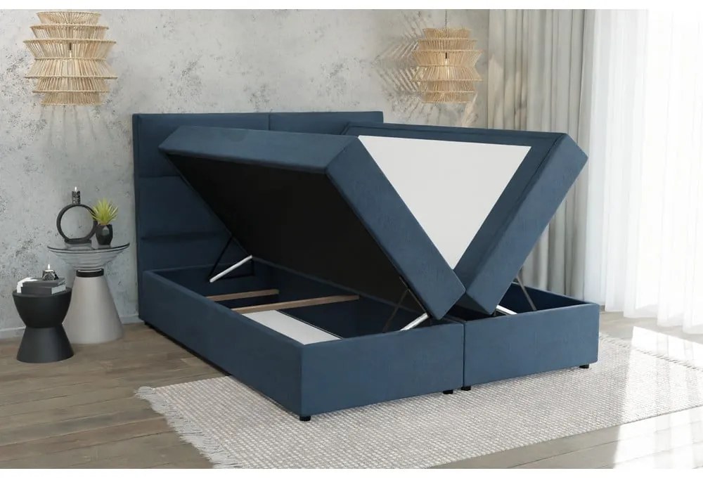 Tmavomodrá boxspring posteľ s úložným priestorom 140x200 cm Rico – Ropez