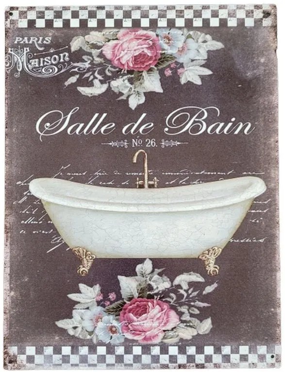 Čierna nástenná kovová ceduľa Salle de Bain - 25*33 cm