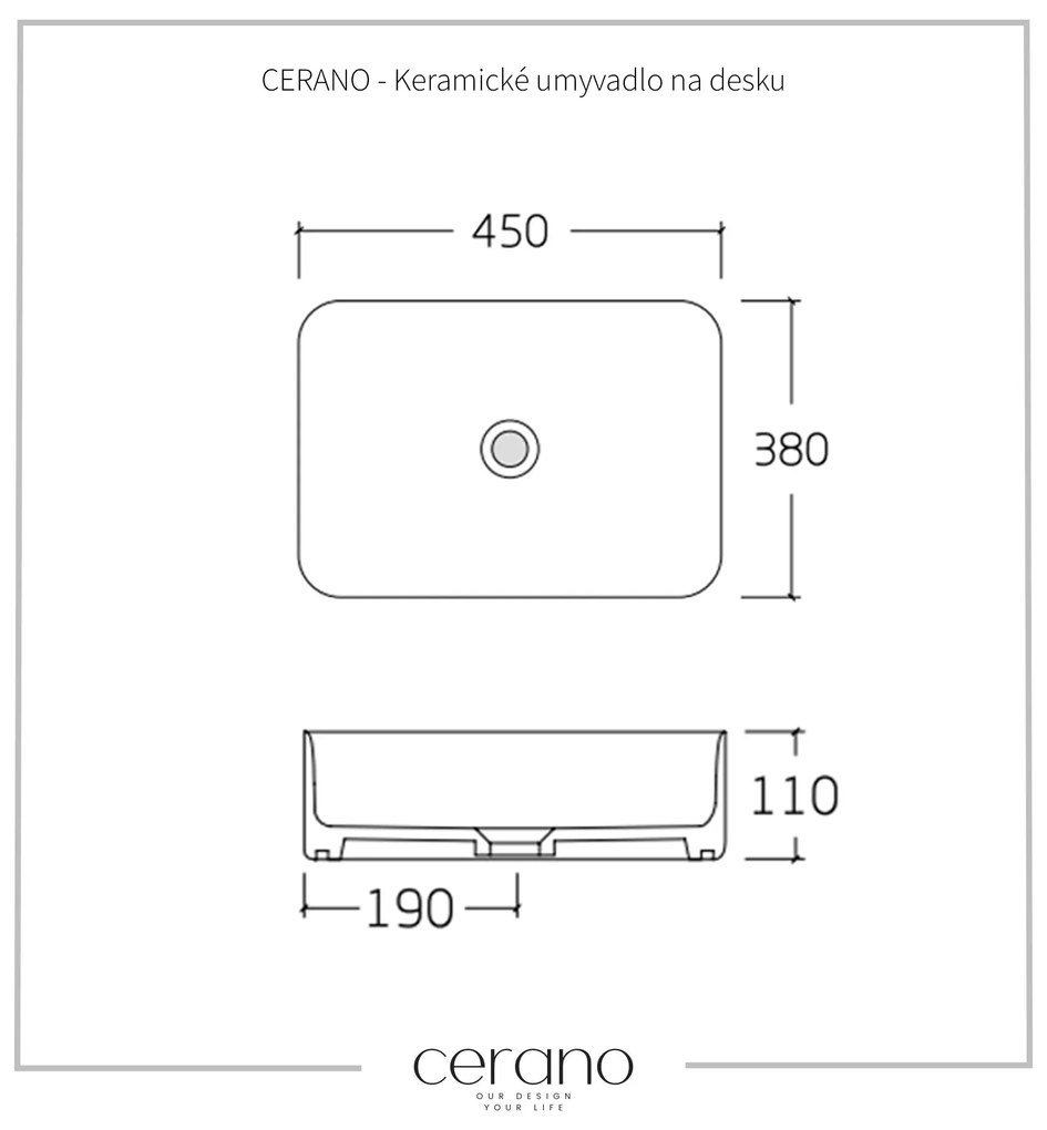 Cerano Matteo, keramické umývadlo na dosku 450x380x110 mm, biela lesklá, CER-CER-428386