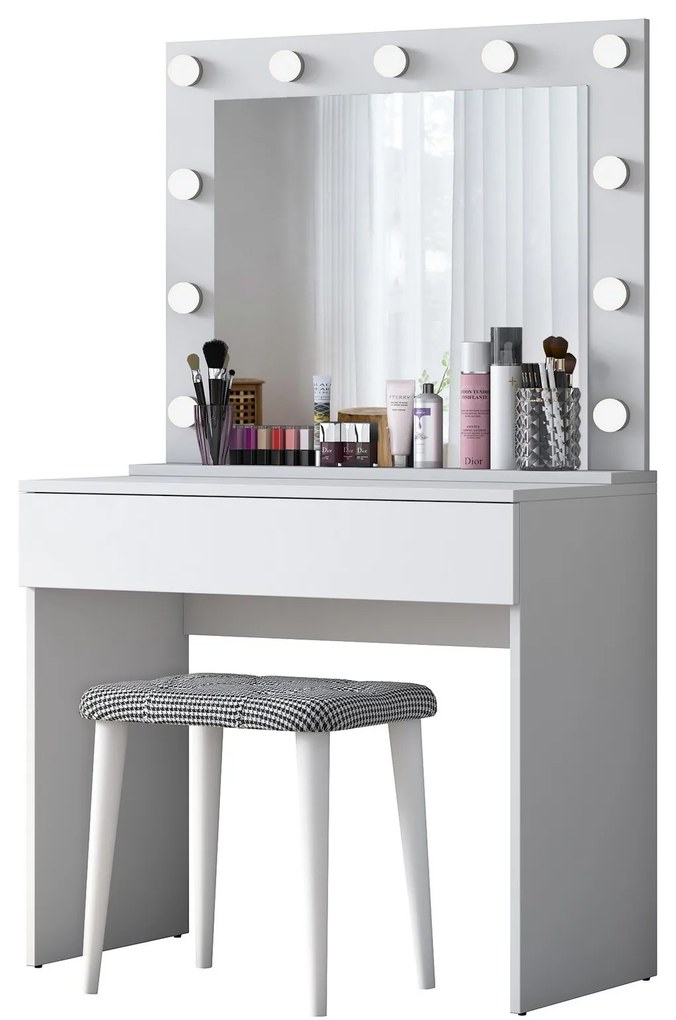 Minimalistický toaletní stolek Alisson III s LED zrcadlem a taburetem bílý
