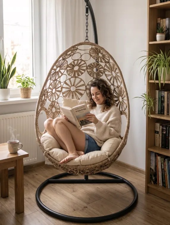 Závesné kreslo kokón záhradná hojdačka hojdací kôš vajíčko s vankúšom boho