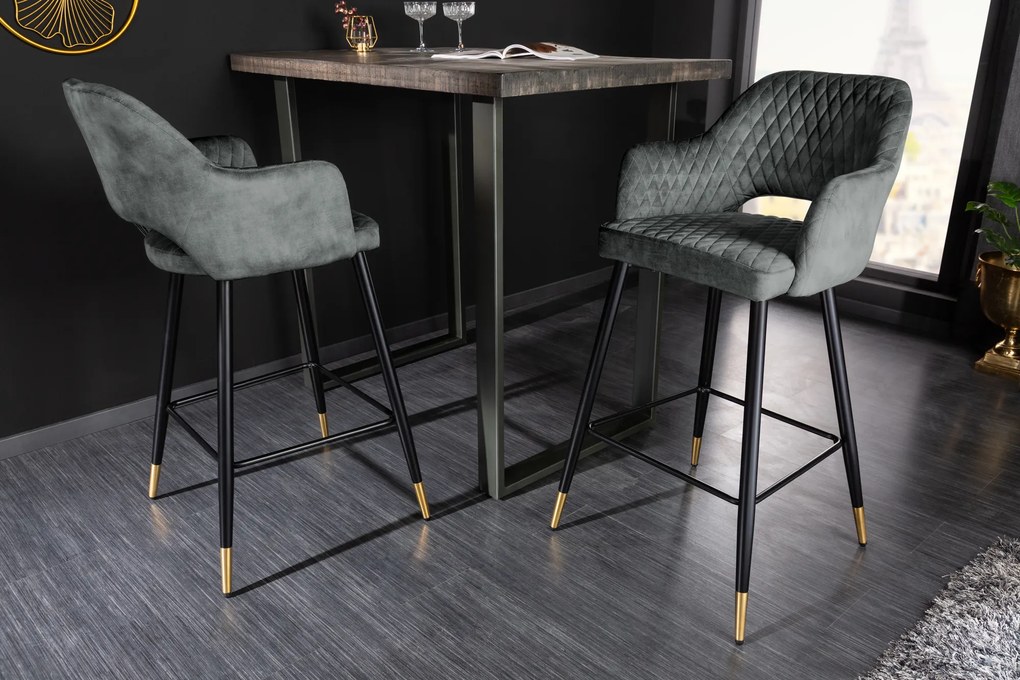 Barová stolička Paris dekoračné prešívanie zamat sivozelená