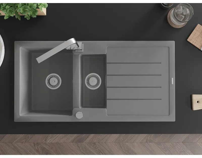 Mexen Andres, granitový drez 1000x500x200 mm, 1,5-komorový, šedá s chrómovým sifónom a chrómová drezová batéria Rita, 6515-71-670300-00