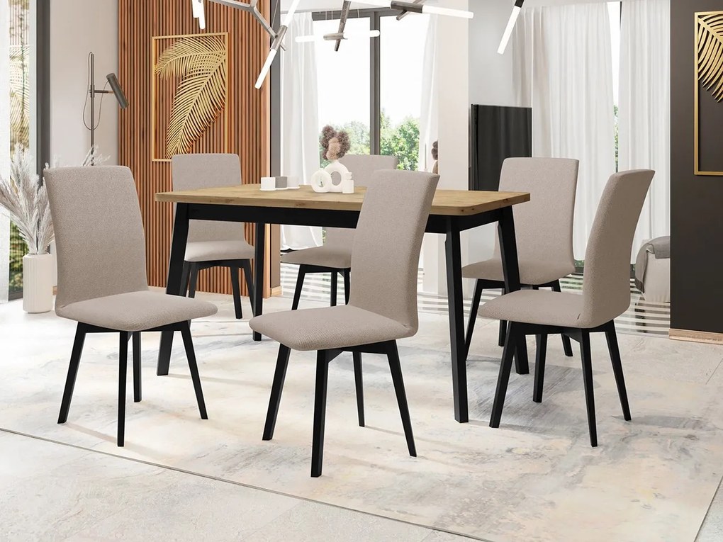Jedálenský stôl so 6 stoličkami AL24, Morenie: dub artisan L, Poťahové látky: Hygge D91, Farby nožičiek: čierna