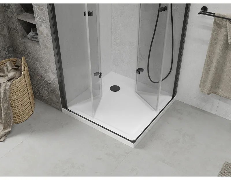Mexen Lima Duo, sprchovací kút s 2-krídlovými skladacími dverami 80 (dvere) x 80 (dvere) cm, 6mm číre sklo, čierny profil + slim sprchová vanička 5cm biela s čiernym sifónom, 856-080-080-70-02-4010B