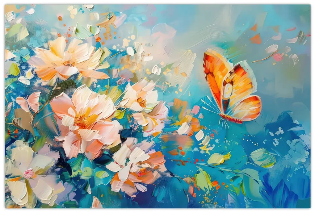 Obraz - Motýľ a kvety, olejomaľba II. (90x60 cm)