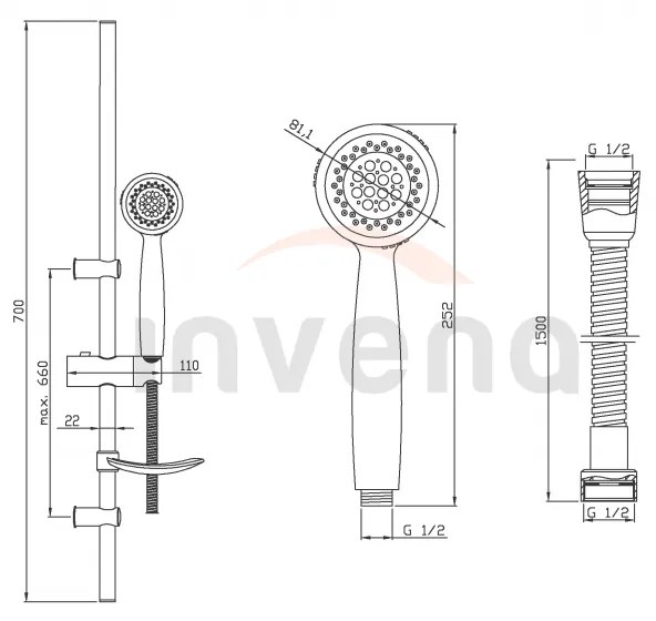 Invena Invena, sprchový stĺp s 3-funkčnou ručnou sprchovou hlavicou, chrómová, INV-AU-80-001-M