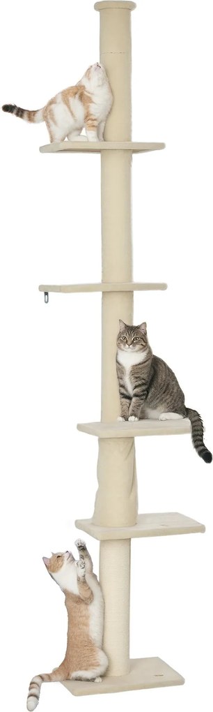 PawHut Stropný mačací strom, škrabadlo pre mačky, 225-275 cm s platformami, mačací nábytok s ochranou proti prevrhnutiu, krémovo biely | Aosom