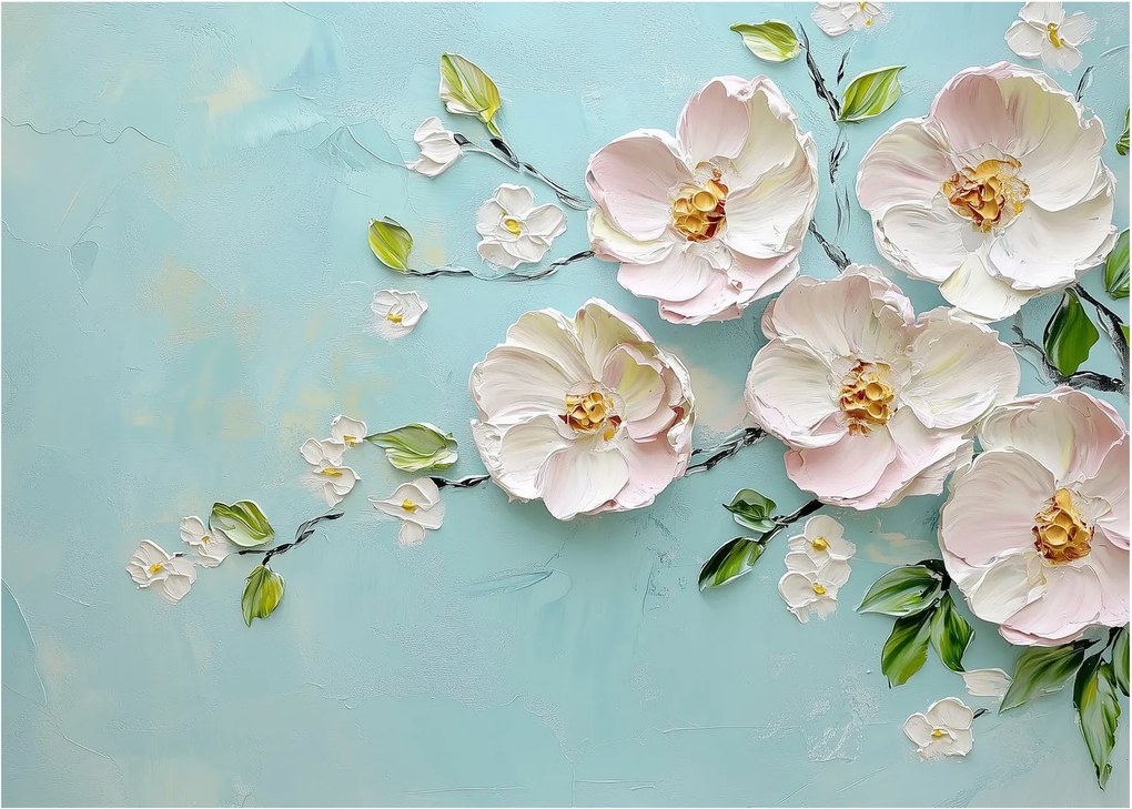 Sklenený obraz - Kvietky na modrom pozadí (70x50 cm)