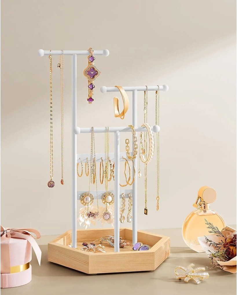 Stojan na šperky, kovový a drevený stromček na šperky