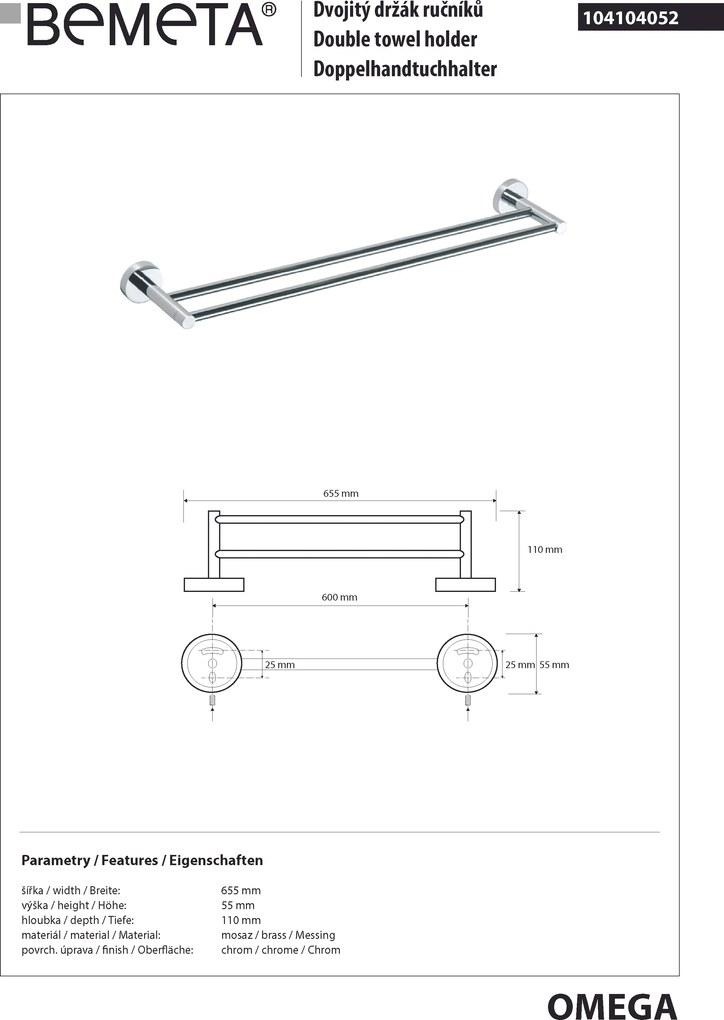 Bemeta Design OMEGA: Držiak uterákov, 600 mm, dvojitý - 104104052