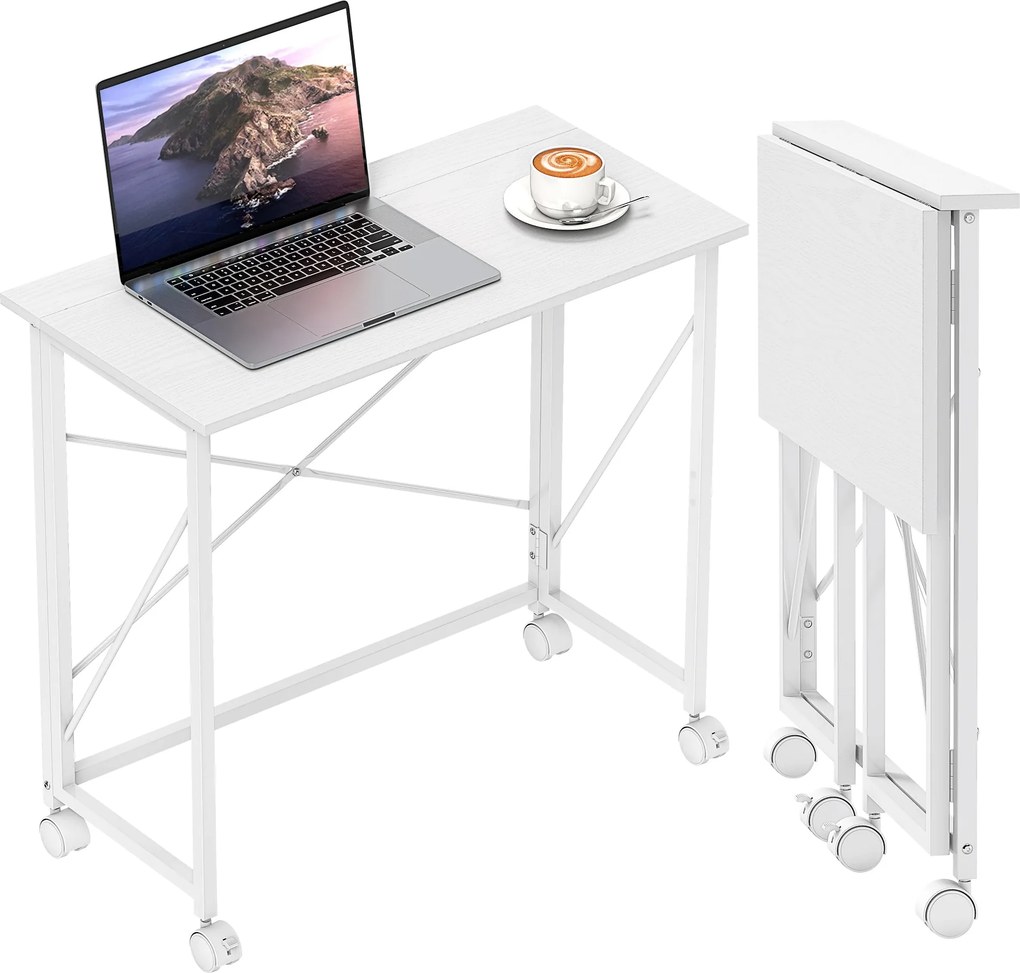 HOMCOM skladací počítačový stôl, 80 x 40 cm, mobilný moderný stôl do domu, spálne a malých priestorov, biely | Aosom