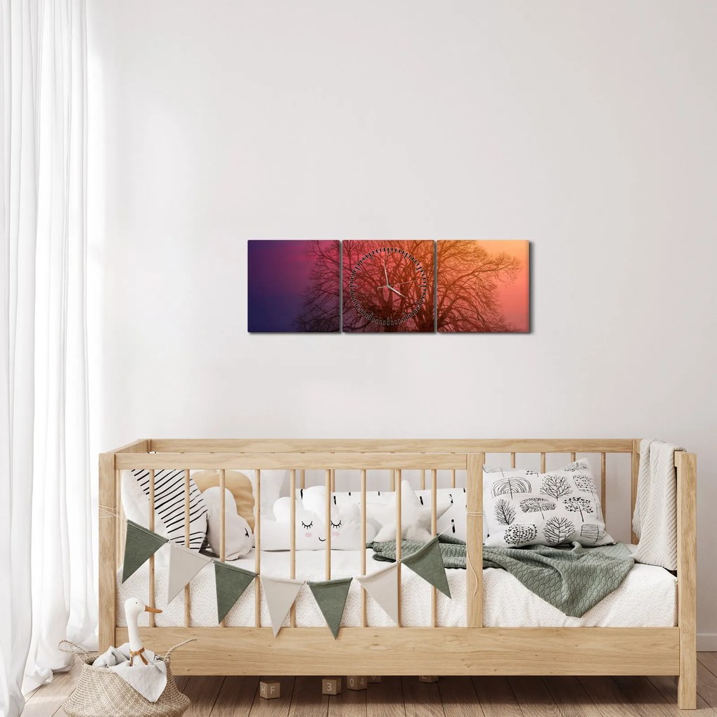 Obraz stromov v hmle (s hodinami) (90x30 cm)