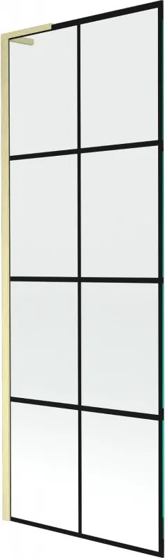Mexen Next L, 1-krídlová vaňová zástena 70 x 150 cm, 6mm číre sklo-čierny vzor, zlatý matný profil, 895-070-000-03-77-55