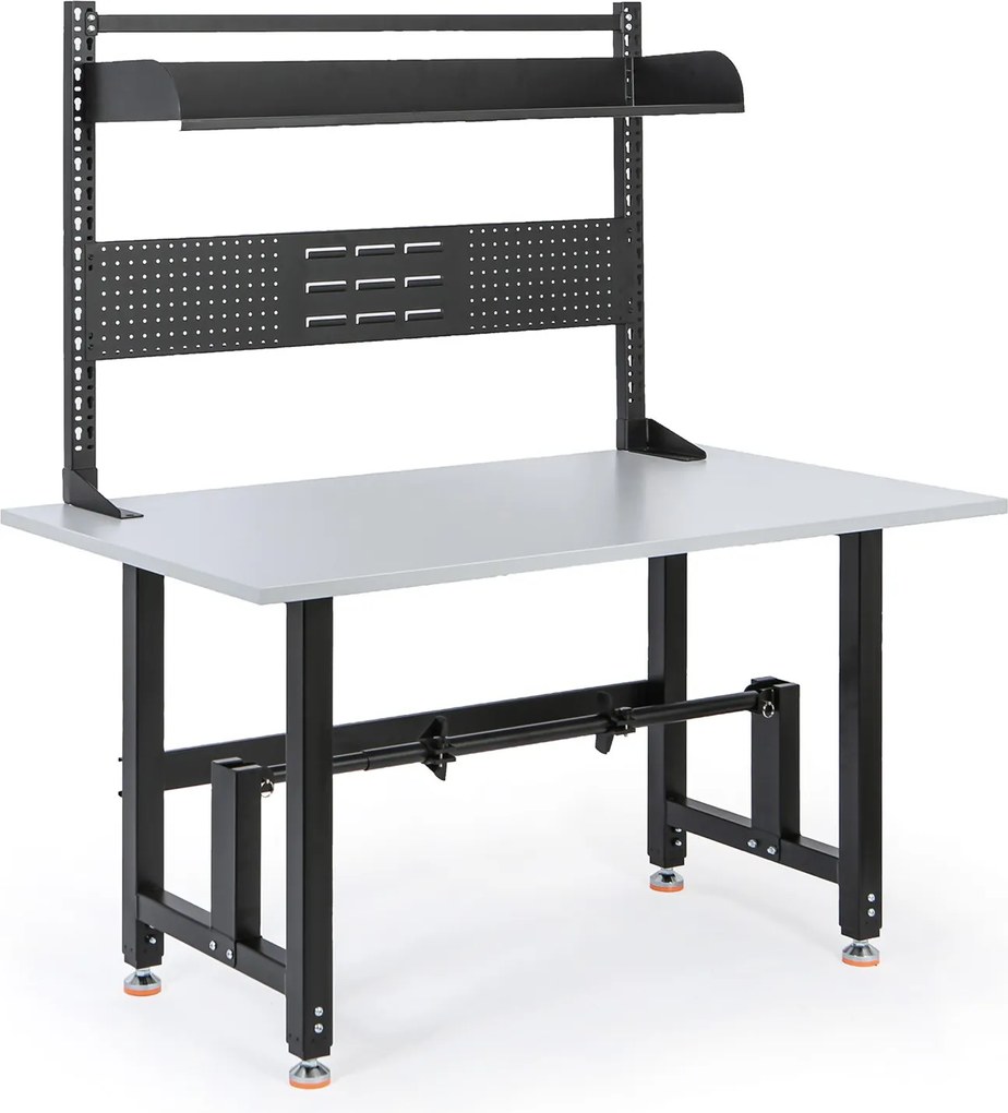 Výškovo nastaviteľný baliaci stôl PROFI, 1400 × 800 × 790–940 mm s s nadstavbou a držiakom role